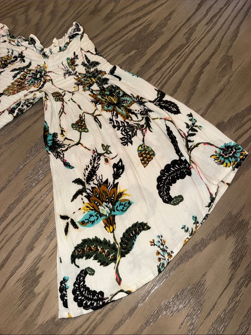 bp Cream Floral Off-Shoulder Smocked Top with Teal & Mustard Accents